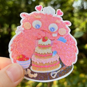 Süßer rosa Monster-Vinyl-Aufkleber | Handgemachte holografische Glitter Sticker | Erdbeertorte Art
