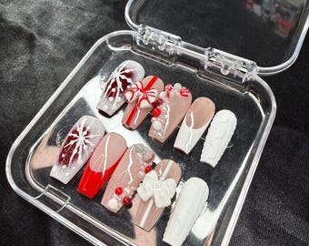 Christmas ornament handmade Press On Nails | 3D Bow, Snowflake, Reusable Holiday Nails