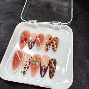 Hand-Painted Press On Nails: Cherry, Leopard Print, 3D Olives