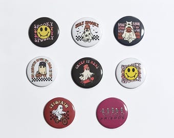 Halloween pins buttons LARGE spooky ghost pin Friends skeletons smiley face pinback button