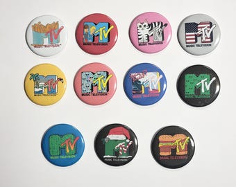 MTV logo pins buttons LARGE 1980s music pinback buttons vintage designs 2.25 inches