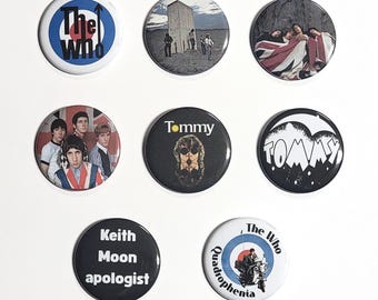 The Who pins buttons 2.25 inch LARGE Keith Moon Pete Townshend Roger Daltrey John Entwhistle classic rock vintage pinback buttons