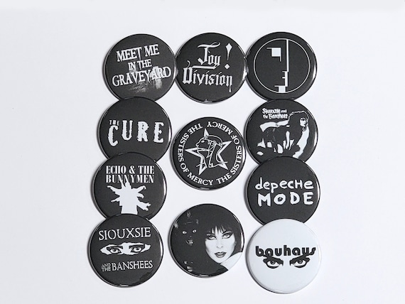 Goth culture buttons pins Siouxsie and the Banshees pinback The Cure Joy Division Bauhaus Elvira Sisters of Mercy Echo & the Bunnymen gothic