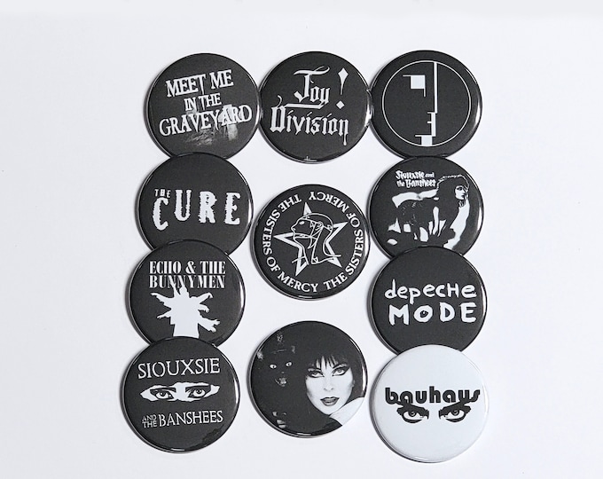 Goth culture buttons pins Siouxsie and the Banshees pinback The Cure Joy Division Bauhaus Elvira Sisters of Mercy Echo & the Bunnymen gothic