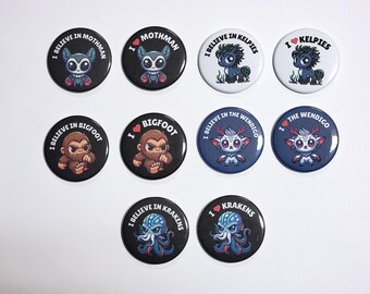 Cryptid Pinback Buttons | Cute Bigfoot, Mothman, Kraken (2.25 Inches)