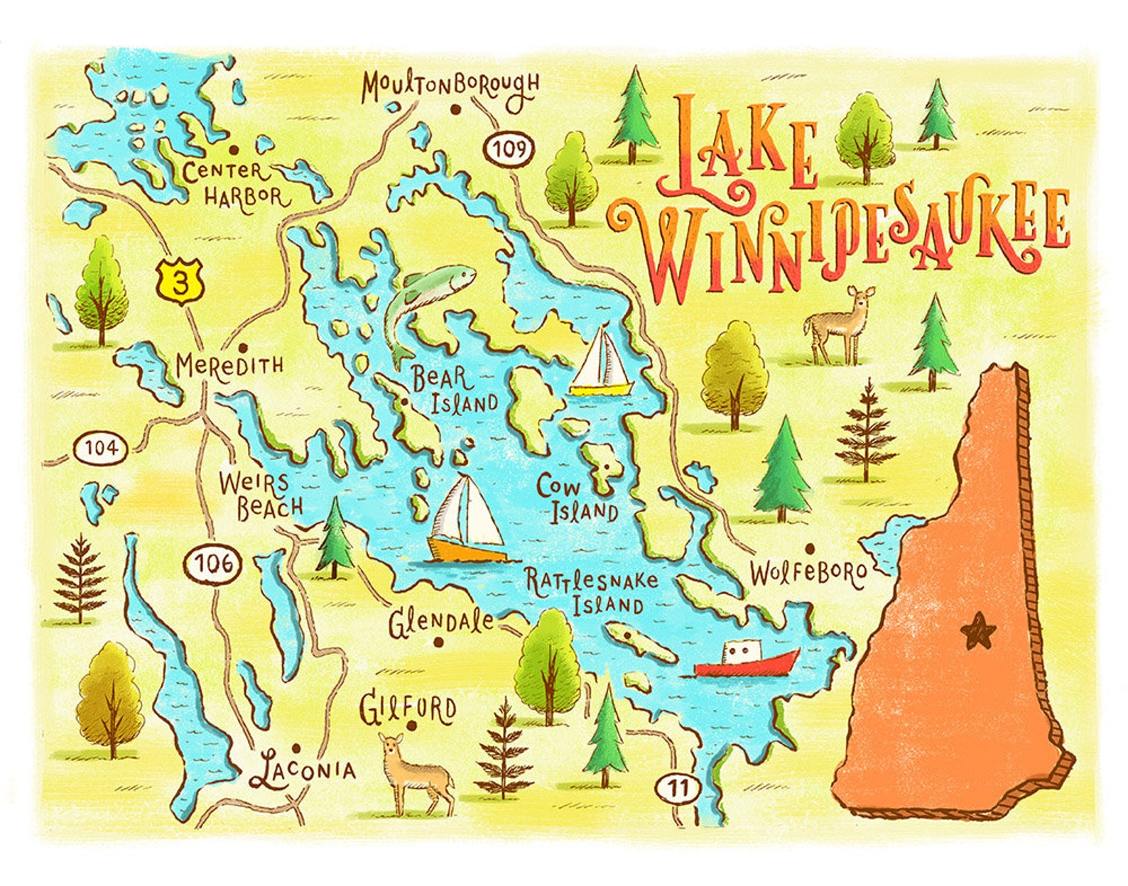 Lake Winnipesaukee Map - Etsy