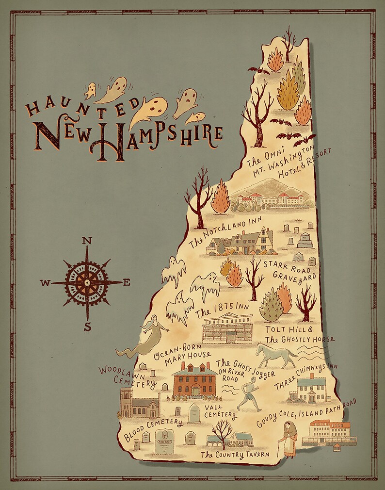 May include: A vintage-style map of New Hampshire with a spooky theme. The map features illustrations of haunted locations, ghosts, and a compass rose. Text includes "Haunted New Hampshire" and location names like "Stark Road Graveyard."