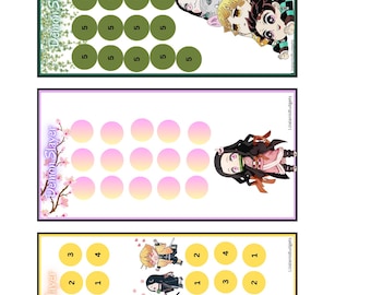 May include: Three colorful Demon Slayer themed budget sheets. The top sheet has green circles with the number 5. The middle sheet has pink circles. The bottom sheet has numbered circles and character illustrations. Text includes "Demon Slayer" and "LizalanisBudgets".
