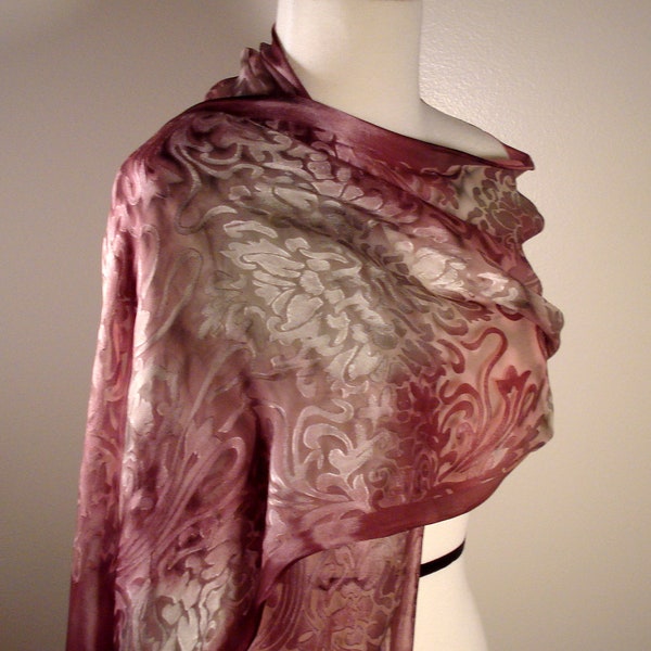 Burgundy and Pewter Handpainted Silk Shawl