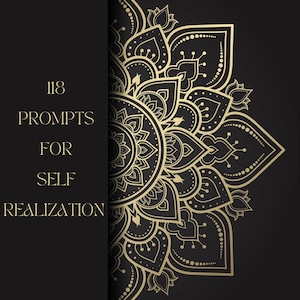 Może przedstawiać: Czarno-złoty wzór mandali z tekstem "118 PROMPTS FOR SELF REALIZATION" po lewej stronie obrazu.