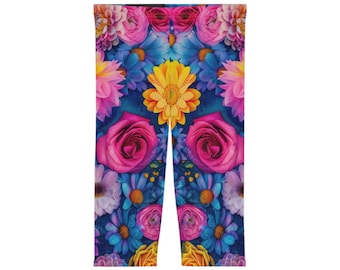Żywe, akwarelowe, kwiatowe legginsy Capri | Legginsy Capri z kwiatowym wzorem