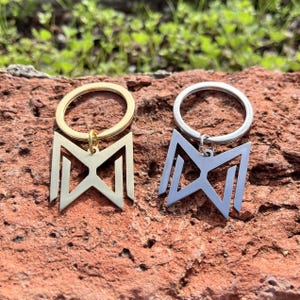 May include: Two metal keyrings with a geometric design. One keyring is gold-coloured, and the other is silver-coloured. Both keyrings have a circular ring at the top for attaching keys. The keyrings are displayed on a rough, reddish-brown surface.