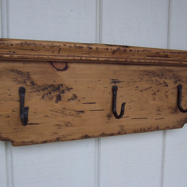 Primitive shelf rack coat rack farmhouse shelf rustic country distressed shabby chic cottage farmhouse wall shelves old aged pine finish