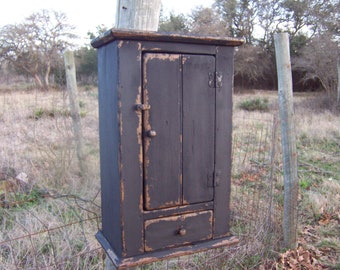 Primitive farmhouse  cabinet furniture small wall cupboard hanging shelf painted distressed  for a country farmhouse rustic decor