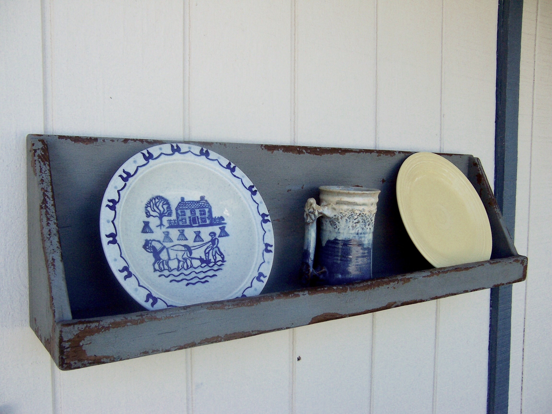 Primitive shelf plate rack rustic country painted wood dish Etsy