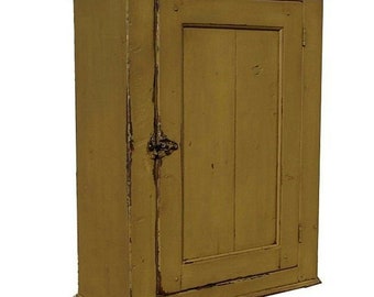 Wall cupboard primitive hanging cabinet painted mustard country farmhouse distressed rustic Early American Reproduction style furniture