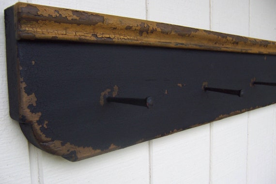 Wood Rustic Black Weathered Look 9 Peg Shelf Primitive
