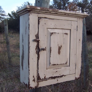 Primitive wall cabinet farmhouse cabinet rustic cabinet hanging cupboard painted antique white, distressed for a country bathroom decor