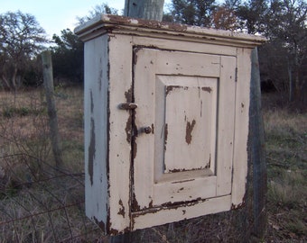 Primitive wall cabinet farmhouse cabinet rustic cabinet hanging cupboard painted antique white, distressed for a country bathroom decor