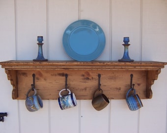 Primitive shelf plate rack rustic country wood dish distressed shabby chic cottage farmhouse wall shelves aged old pine finish