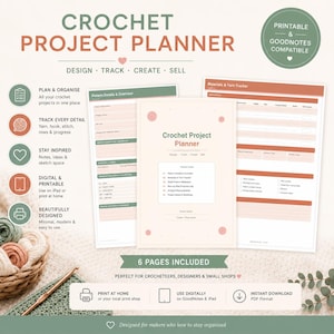 Peut inclure: Un planificateur de projets de crochet numérique et imprimable comprenant une page de couverture et des feuilles de suivi internes avec des sections pour les détails des modèles, le matériel, le fil et les journaux de progression.