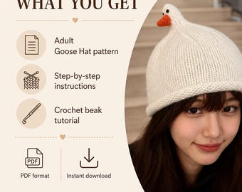 Ganzenhoed Duck Hat breipatroon volwassen grootte pdf gebreide vogelhoed dierenmuts DIY Basishaakvaardigheden vereist voor de snavel. Direct downloaden