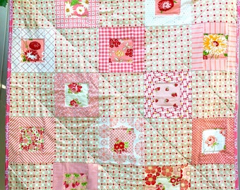 Strawberries and Flowers Pink Coral Quilt, Baby Girl, Ready to Ship