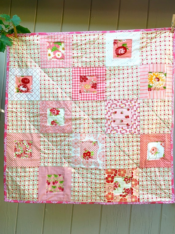 Strawberries and Flowers Pink Coral Quilt Baby Girl Ready to