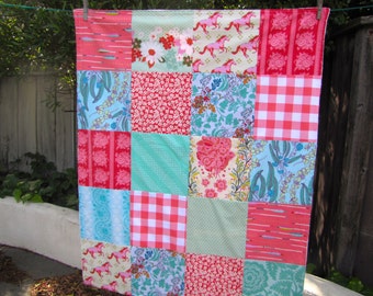 Baby or Toddler Minky Blanket in Coral, Red & Mint, Baby Gift, Mustang Blanket