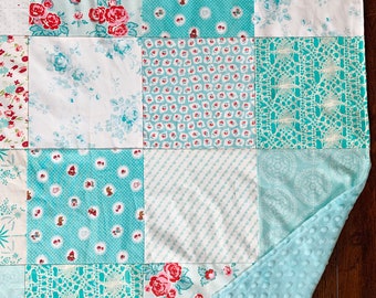 Aqua and Red Minky Blanket, Little Red Riding Hood Baby Patchwork Blanket, Shower Gift