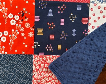 Baby Girl Minky Blanket in Red & Navy, Baby Gift, Nursery Blanket