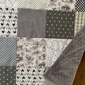 Farmhouse Minky Blanket, Black and Grey fabric, Gender Neutral, Shower Gift