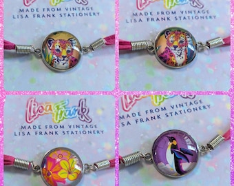 Vintage 1990s Lisa Frank Stationery Bracelets - Pink Faux Leather Band - Hunter the Leopard, Tropical Flowers, Purple Penguin
