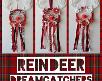 Festive Reindeer Dream Catchers! - Red with Black, Maroon, and White Accent Colors - Antlers and Red Pom-pom Nose - Dreamcatchers