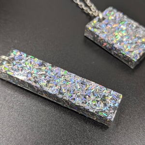 Iridescent Rainbow Glitter Resin Charm Necklace with Silver Metal Chain