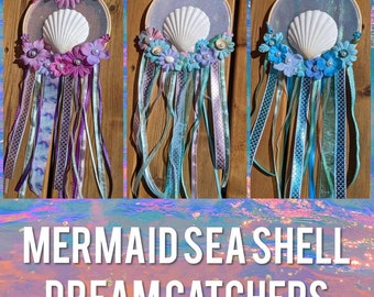 Embroidery Hoop Mermaid Dream Catchers with Sea Shells, Flowers, Ribbons, and Iridescent Fabric - Purple & Blue