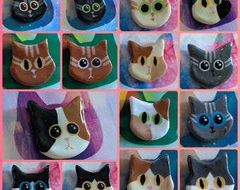 Clay Cat Pins - One-of-a-Kind, Handmade, Cute Cat Face Pins - Calico, Tuxedo, Black, Gray, Orange, White