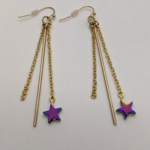 Dark Rainbow Iridescent Star Gold Earrings - Long Hook Earrings