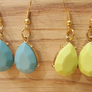 Bright Lime or Cool Sky Blue Plastic Gem Earrings with Gold Metal Hooks