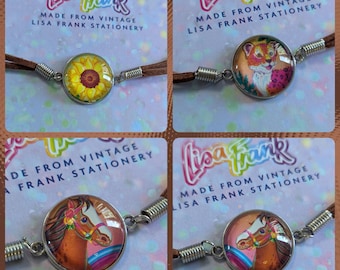Vintage 1990s Lisa Frank Stationery Bracelets - Brown Faux Leather Band - Rainbow Chaser Horse, Hunter the Leopard, Yellow Sunflower