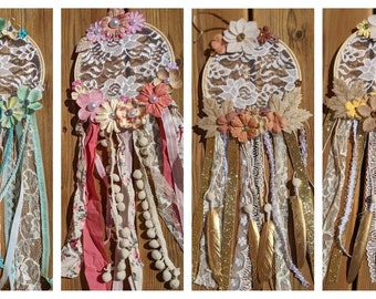 Embroidery Hoop Lace Dream Catchers with Ribbons, Flowers, Feathers, and Glitter - Pink, Blue, Tan, Yellow, Gold