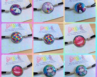 Vintage 1990s Lisa Frank Stationery Bracelets - Black Faux Leather Band - Ballerina Bunny, Lips, Gumballs, Sea Lion, Purple Kitten, Penguins