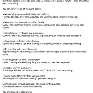 May include: A white page with the title "What You Can Stop Stressing About" and bullet points about homeschooling, including memorization, pace, and curriculum. The text encourages a relaxed approach to learning.