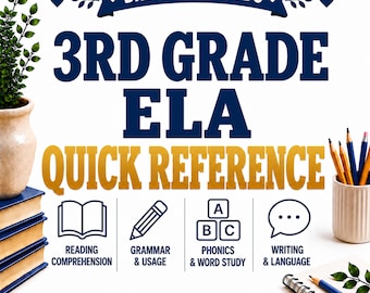 Könnte beinhalten: Ein 3rd Grade ELA Quick Reference Leitfaden von Brooks & Woods mit dunkelblauem und goldenem Text. Symbole stehen für Leseverständnis, Grammatik, Phonetik und Schreiben. Das Design umfasst Bücherstapel, einen Stiftehalter und ein Notizbuch.