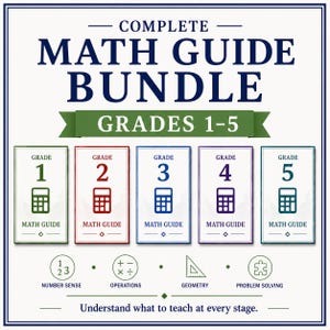 Puede incluir: Un completo paquete de guías de matemáticas para los grados 1-5. La imagen presenta cinco portadas de libros coloridas, cada una representando un nivel de grado, con un icono de calculadora. Iconos adicionales representan el sentido numérico, las operaciones, la geometría y la resolución de problemas.