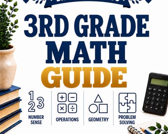 Könnte beinhalten: Ein Mathe-Leitfaden für die 3. Klasse von Brooks & Woods mit dunkelblauem Text, dem goldenen Wort Guide und Symbolen für Zahlenverständnis, Operationen, Geometrie und Problemlösung. Enthält einen Bücherstapel, einen Taschenrechner und einen Stift.