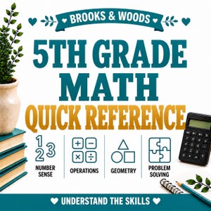 以下が含まれることがあります： Brooks & Woodsによる5年生向け数学クイックリファレンスガイド。ティールとゴールドの文字で構成されています。数字の感覚、演算、幾何学、問題解決を表すアイコンが並び、黒い電卓とスパイラルノートが配置されています。