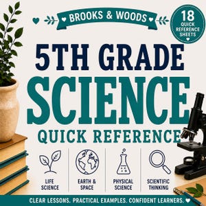 Op de afbeelding: Een 5th Grade Science Quick Reference educatieve gids van Brooks & Woods met 18 referentiebladen. De omslag toont donkerblauwe en blauwgroene tekst, een microscoop en iconen voor levenswetenschappen, aarde en ruimte, natuurkunde en wetenschappelijk denken.