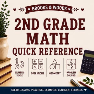 Puede incluir: Una guía de referencia rápida de matemáticas de 2º grado de Brooks & Woods con texto rojo oscuro sobre fondo claro. Incluye iconos para sentido numérico, operaciones, geometría y resolución de problemas con el texto: Clear lessons.