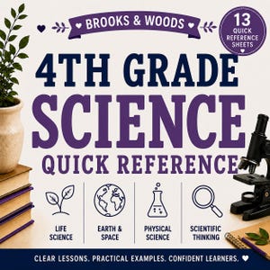 May include: A 4th Grade Science quick reference guide with 13 sheets. The cover features dark blue and purple text, a microscope, a stack of books, and icons for life science, earth and space, physical science, and scientific thinking.